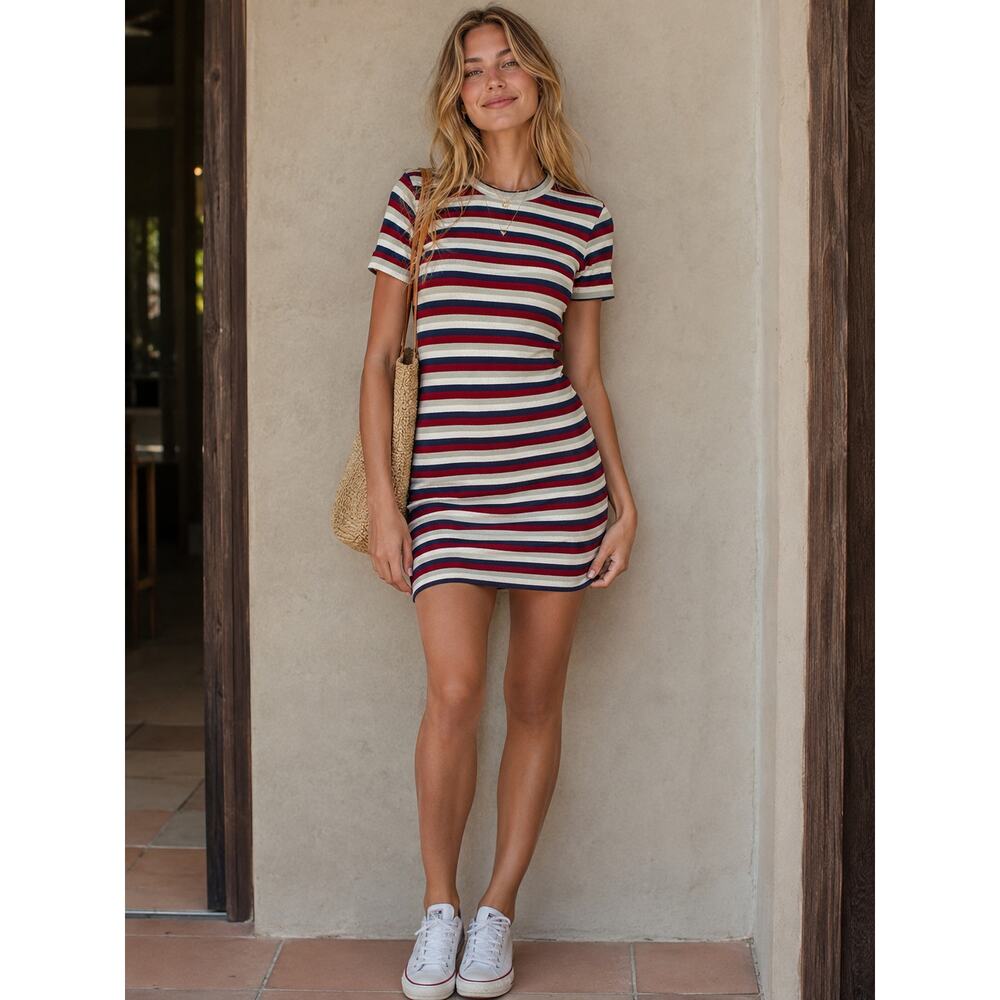 STATESIDE Ribbed Multicolor Striped Mini T Shirt Dress Size Small Y2K Casual